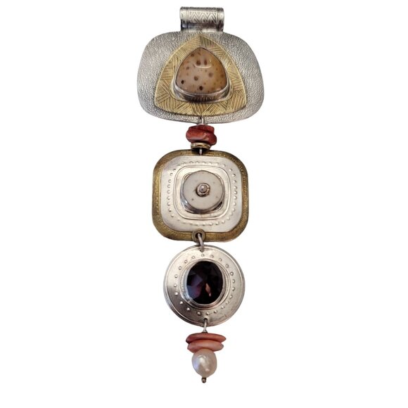 Sterling Coral Garnet Pearl Multi Piece Dangle Pendant Signed E867 - Picture 1 of 12